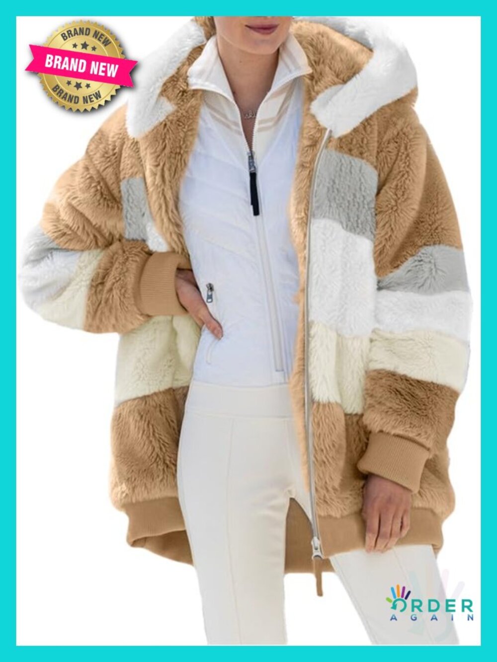 Fuzzy Fleece Jacket Hooded Color Block Patchwork Cardigan